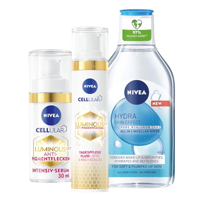 Pachet Crema Zi Contra Pete Pigmentare Nivea Cellular Luminous 40ml, Ser Intensiv 30 ml, Apa Micelara cu Acid Hialuronic, 400 ml