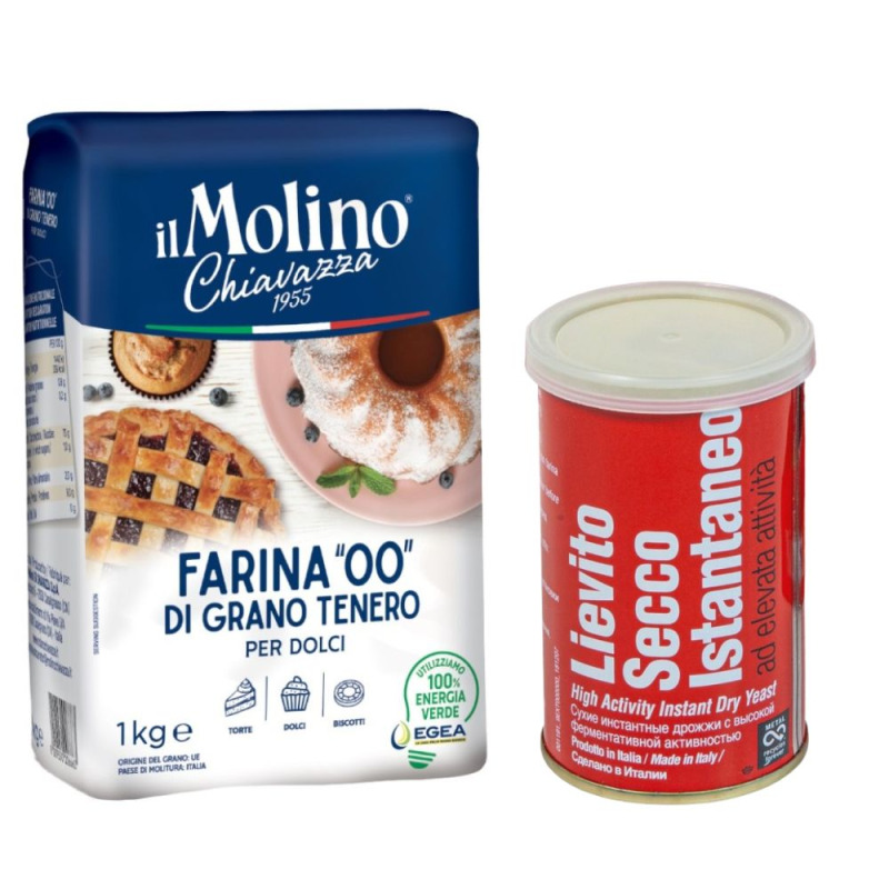 Pachet Faina din Grau Tanar Tip 00 Dulciuri, Chiavazza, 1 kg si Drojdie Uscata, Italmill, 100 g