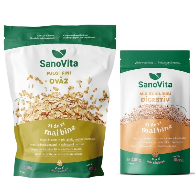 Pachet Mic Dejun cu Fibre, Mix Echilibru Digestiv 200 g si Fulgi de Ovaz Fini 450 g, Sano Vita