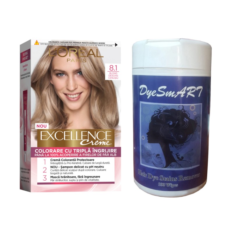Pachet Promo L'Oreal Paris Vopsea Par 8.1 Blond Deschis Cenusiu 192 ml, 100 x Servetele Pete Vopsea