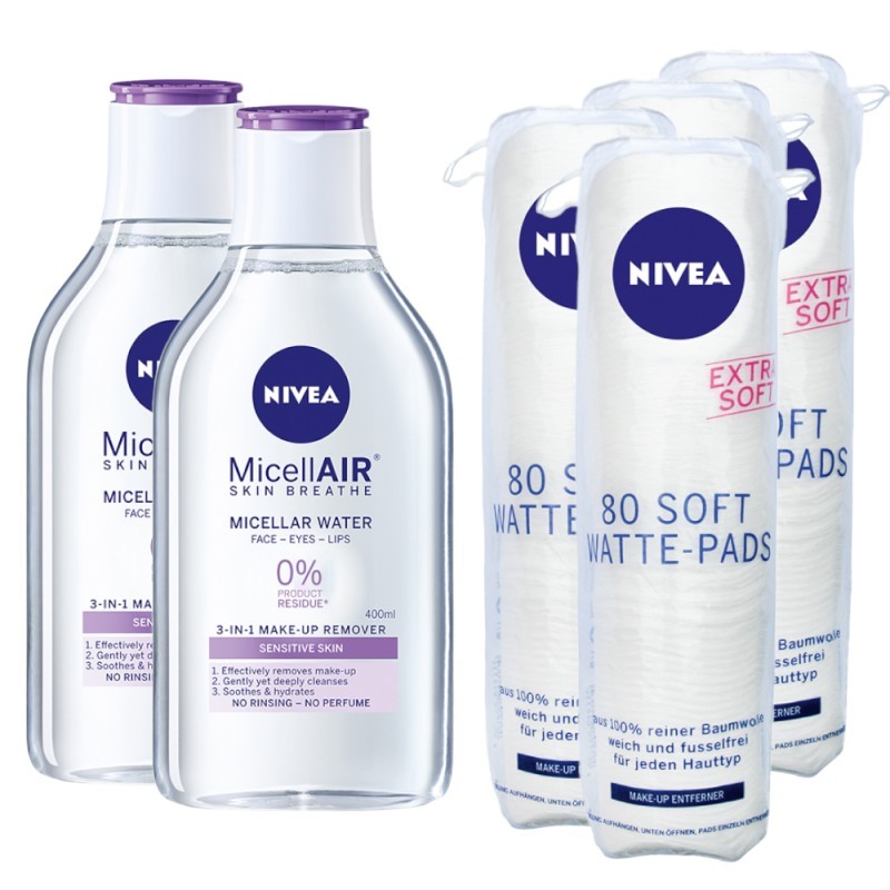 Pachet Promo Nivea: Apa Micelara MicellAir Skin Breathe Ten Sensibil, 400 ml x 2 si Dischete Demachiante 80 Dischete/ Pachet x 4
