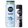 Pachet Promo Nivea Men: Gel de Dus Pure Impact, 500 ml si Deodorant Spray Black & White Invisible, 150 ml