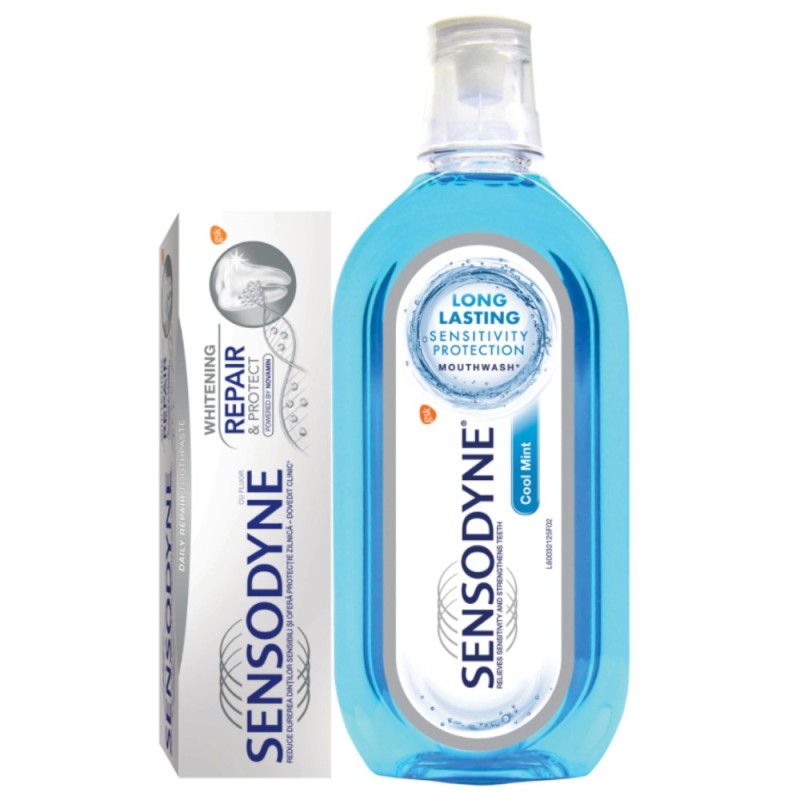 Pachet Promo Sensodyne: Pasta de Dinti Repair and Protect Whitening, 75 ml + Apa de Gura Cool Mint, 500 ml