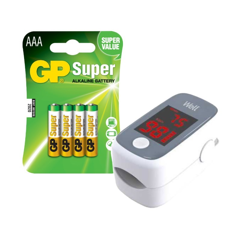 Pachet Pulsoximetru pentru Deget, Ecran LED, Senzor de Mare Precizie, Well si 4 Baterii R3 AAA