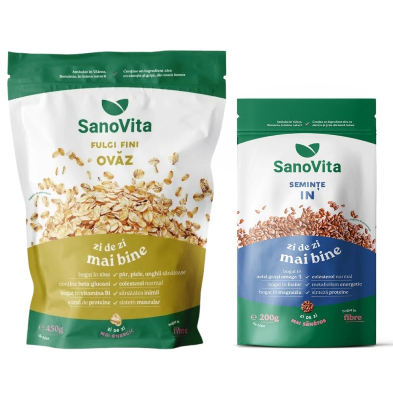 Pachet Special Sursa de Fibre Seminte de In 200 g si Fulgi de Ovaz Fini 450 g, Sano Vita