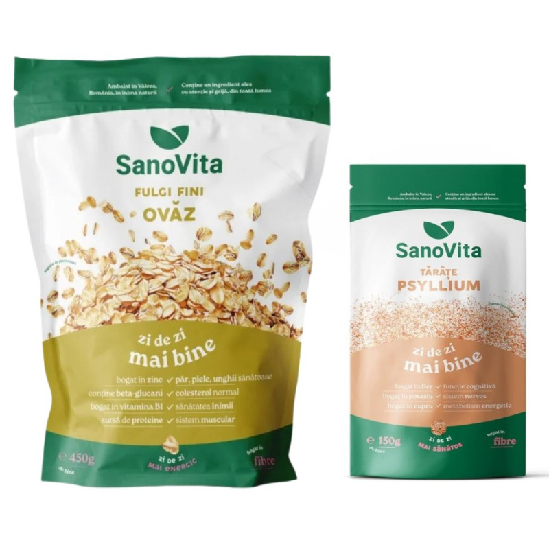 Pachet Sursa de Fibre Digestie si Tranzit, Tarate Psyllium 150 g si Fulgi Ovaz Fini 450 g Sano Vita