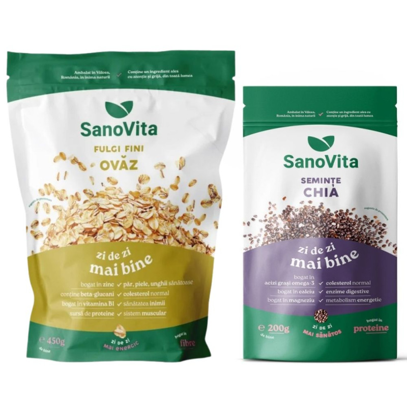 Pachet Sursa de Fibre Omega-3 si Proteine, Seminte Chia 200 g si Fulgi Ovaz Fini 450 g Sano Vita