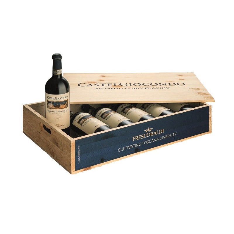Pachet Vin Rosu, Italia Frescobaldi, Castel Giocondo Brunello Di Montalcino, DOCG, Sec, 14,5%, 0.75 l, 6 Sticle in Cutie Lemn