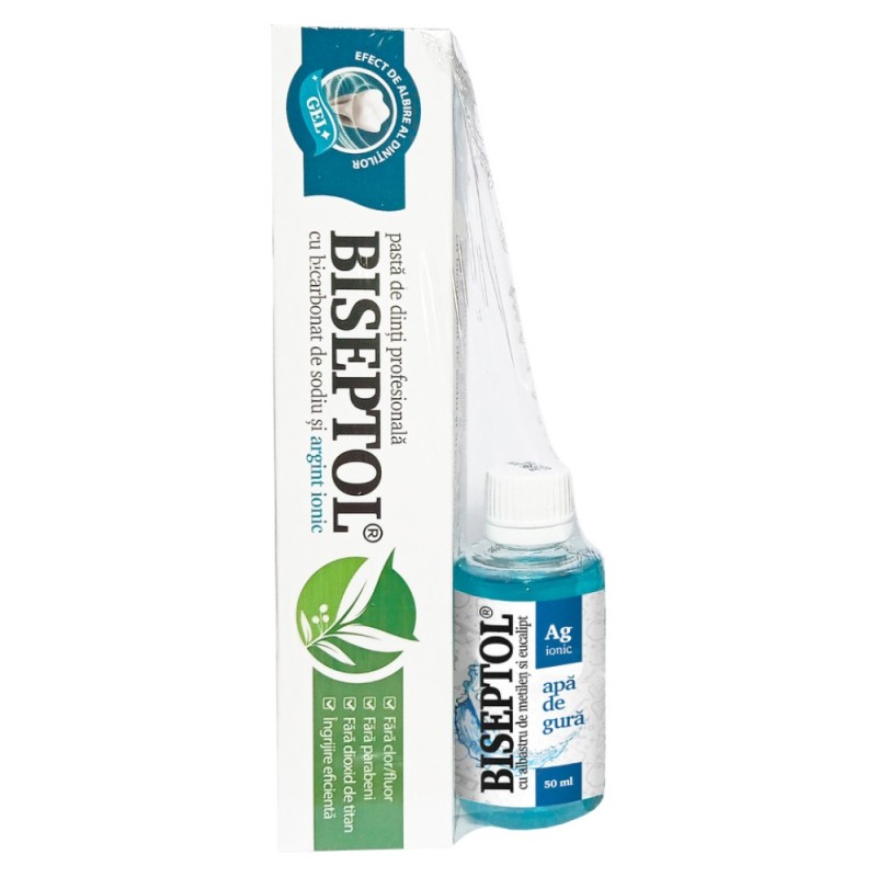 Pasta de Dinti Biseptol, 75 ml si Mostra Apa de Gura cu Argint Ionic 50 ml