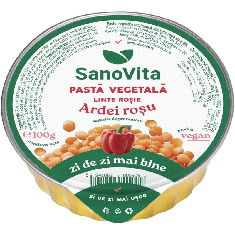 Pasta Vegetala din Linte Rosie cu Ardei si Ceapa, Sanovita, 100 g