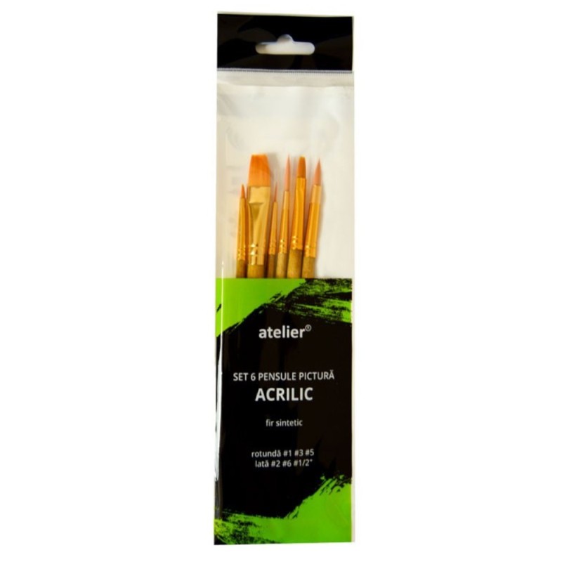 Pensule Pictura Acrilice din Par Sintetic, Atelier, 6 Bucati