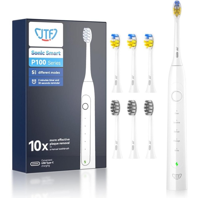Periuta Dinti Electrica JTF Sonic, Alba, P100, 6 Capete Periuta, Cablu de Incarcare, Suport