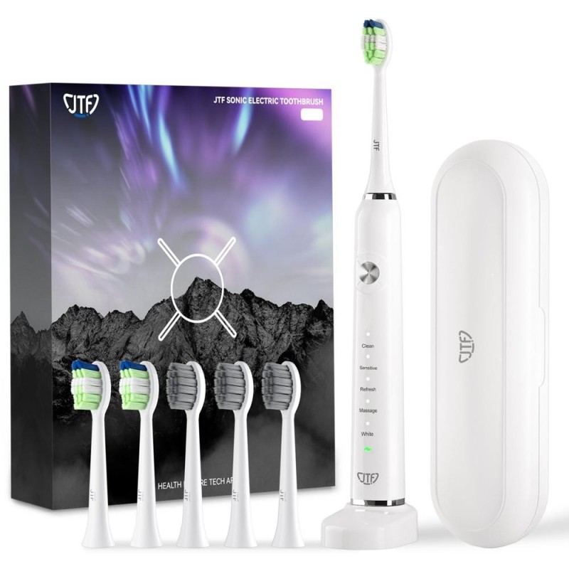 Periuta Dinti Electrica JTF Sonic, Alba, P200, 6 Capete Periuta, Trusa Calatorie, Suport Incarcare