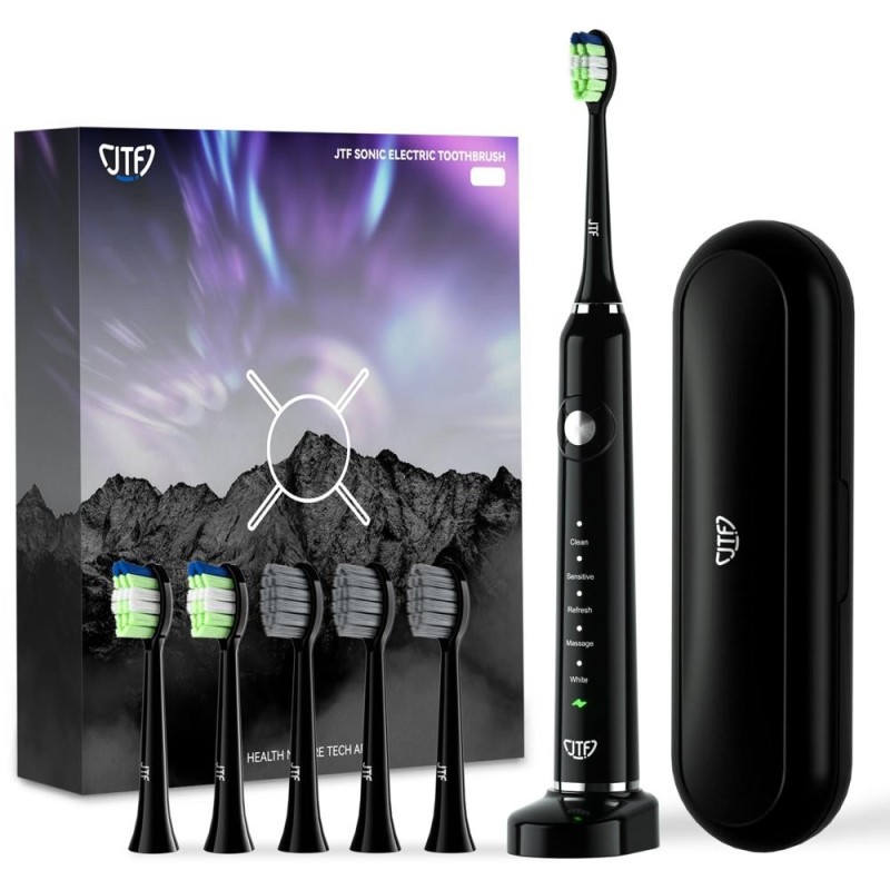 Periuta Dinti Electrica JTF Sonic, Neagra, P200, 6 Capete Periuta, Trusa Calatorie, Suport Incarcare