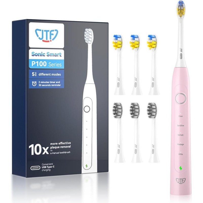 Periuta Dinti Electrica JTF Sonic, Roz, P100, 6 Capete Periuta, Cablu de Incarcare, Suport