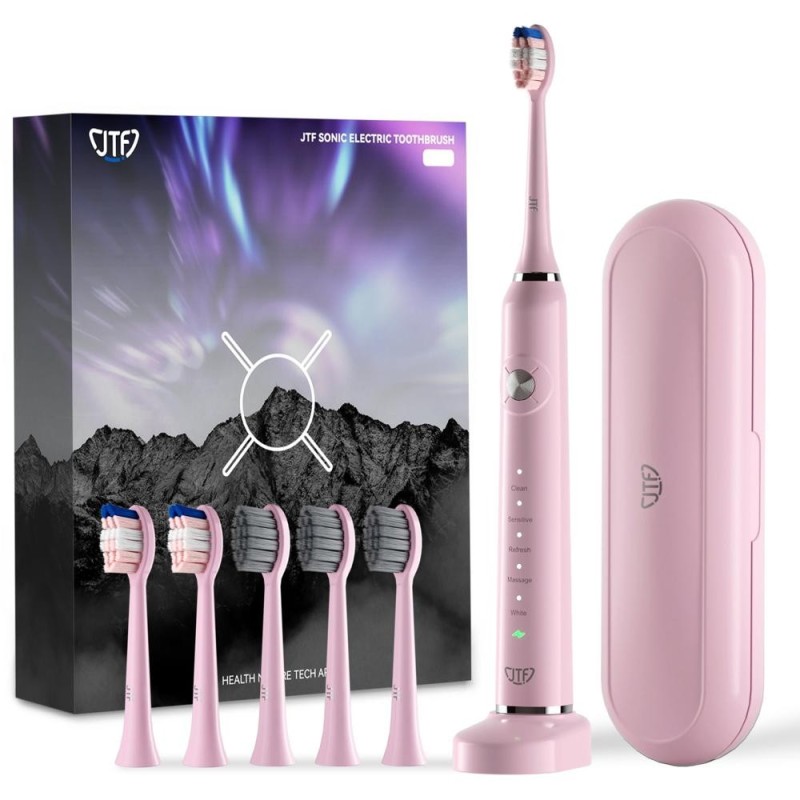 Periuta Dinti Electrica JTF Sonic, Roz, P200, 6 Capete Periuta, Trusa Calatorie, Suport Incarcare