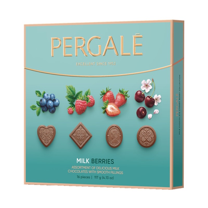 Praline Asortate, Pergale, Milk Berries, cu Ciocolata si Fructe de Padure, 117 g