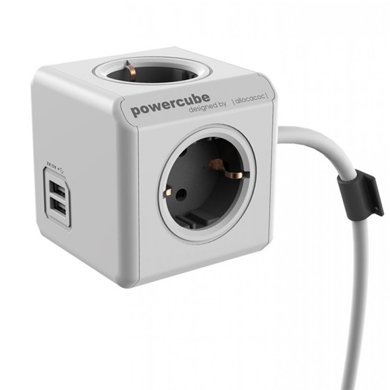 Prelungitor in Forma de Cub 4 Prize, 2 USB, Lungime Cablu 1.5 m, Gri, Allocacoc