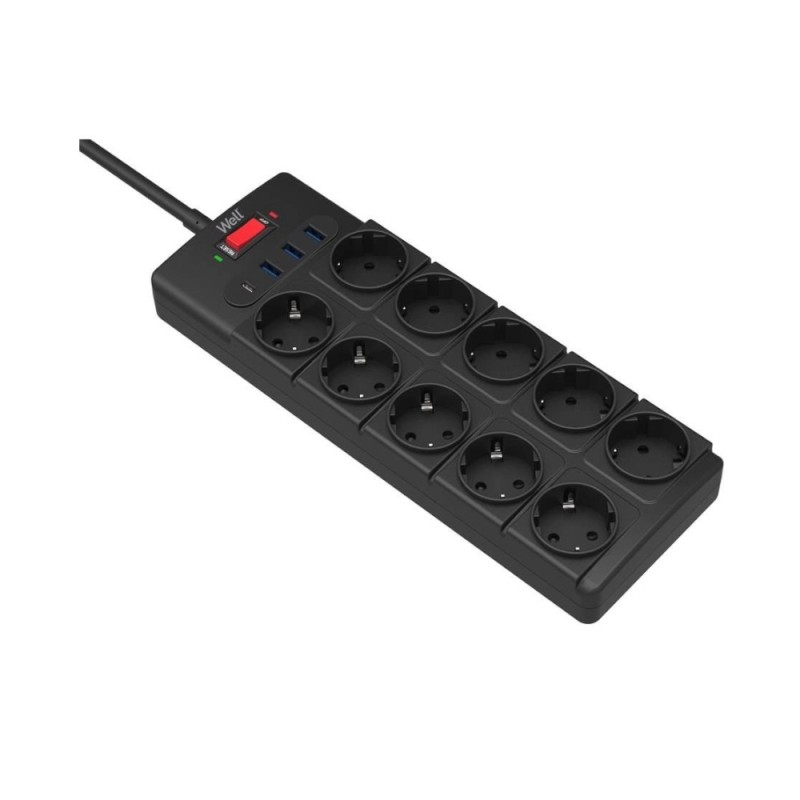 Prelungitor Well, 10 Prize 3 x USB-A + 1 x USB-C, Protectie la Suprasarcina si Supratensiune, Cablu 3 x 1.5 mmp, 2 m