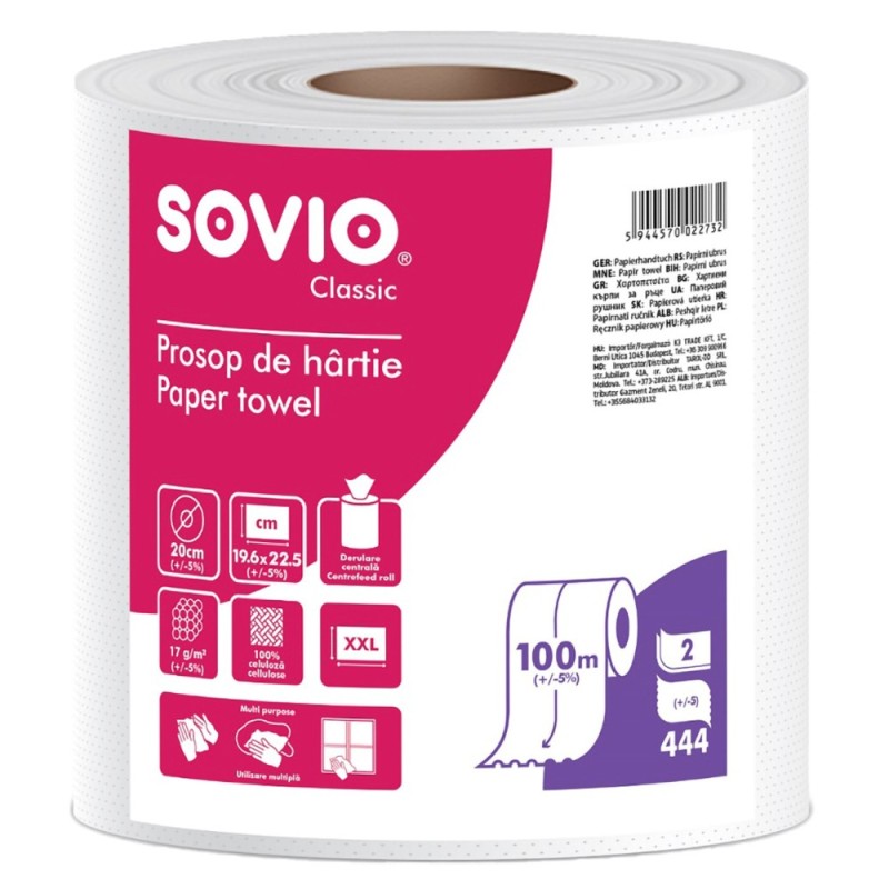 Prosop de Bucatarie, 2 Straturi, 100 m,  19.6 x 22.5 cm, 6 Role, 444 Foi, Sovio