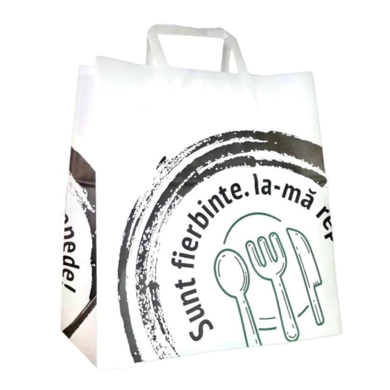 Punga din Hartie cu Manere Plate Take-Away, Alba, 26 x 17 x 29 cm, 250 Bucati
