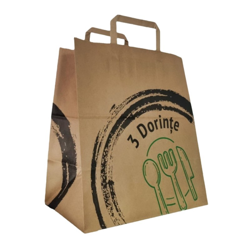 Punga din Hartie cu Manere Plate Take-Away, Natur, Model 3 Dorinte, 26 x 17 x 29 cm, 250 Bucati