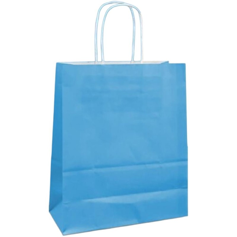 Pungi Hartie Albastre cu Manere Rasucite, Biodegradabile, 20 x 9 x 25 cm, 100 Bucati