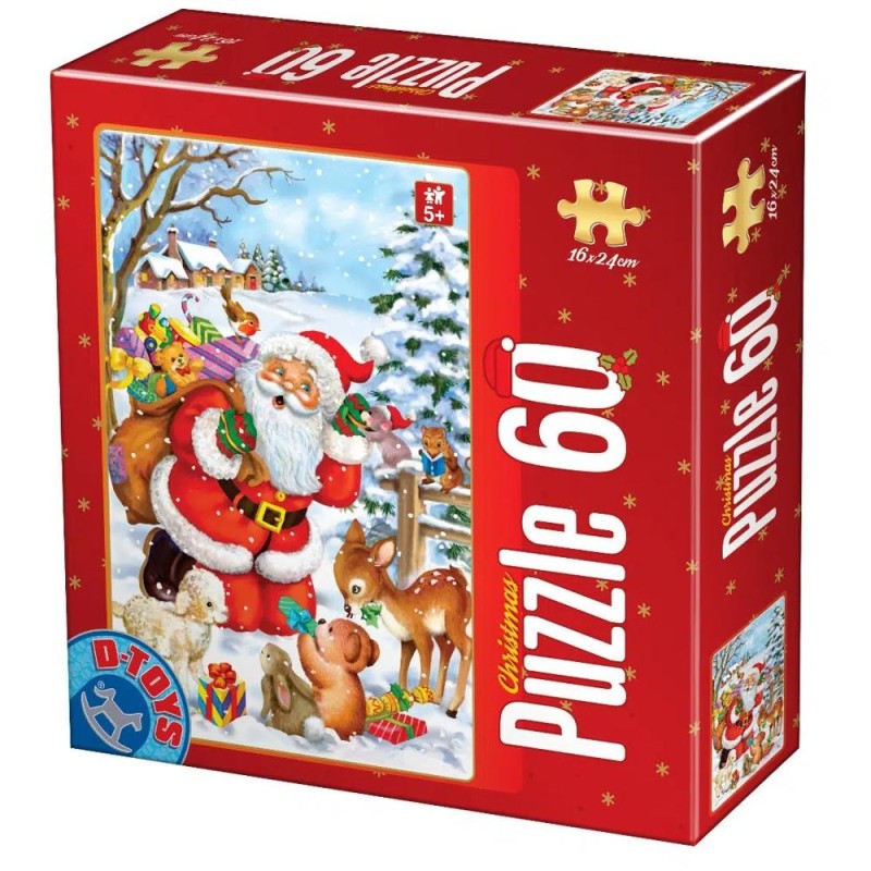 Puzzle Copii 60 Piese, Mos Craciun, Cadouri si Animalute, D-toys