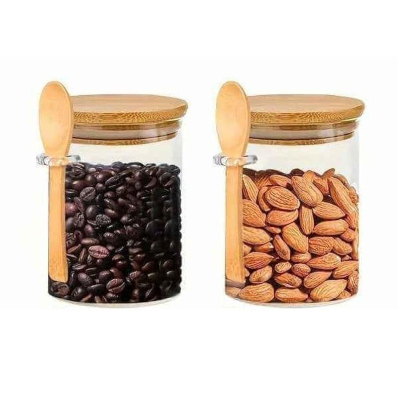 Recipiente din Sticla Borosilicata cu Capac din Bambus si Lingurita, 550 ml, 2 Bucati, Newalor