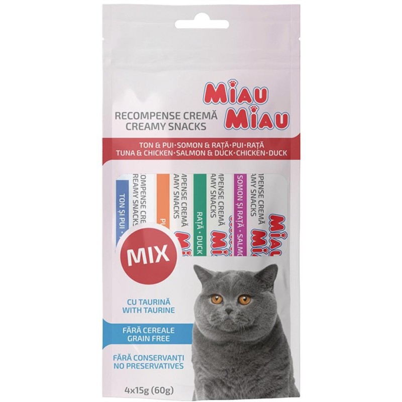 Recompense pentru Pisici Miau Miau Creamy Snacks, Mix Somon, Rata, Ton si Pui, 4 Bucati x 15 g