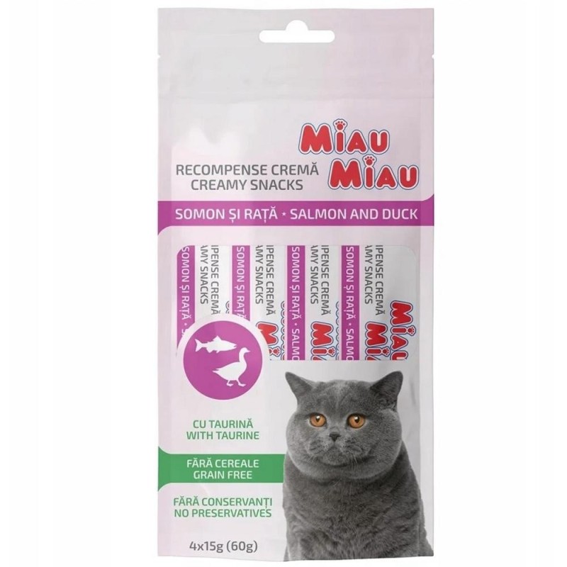 Recompense pentru Pisici Miau Miau Creamy Snacks, Somon si Rata, 4 Bucati x 15 g