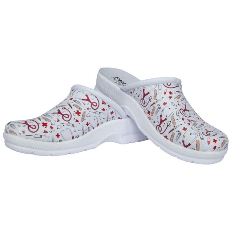 Saboti Medicali din Piele Naturala, Prima, Design Medical Alb cu Stetoscop si Seringi, Marimea 39