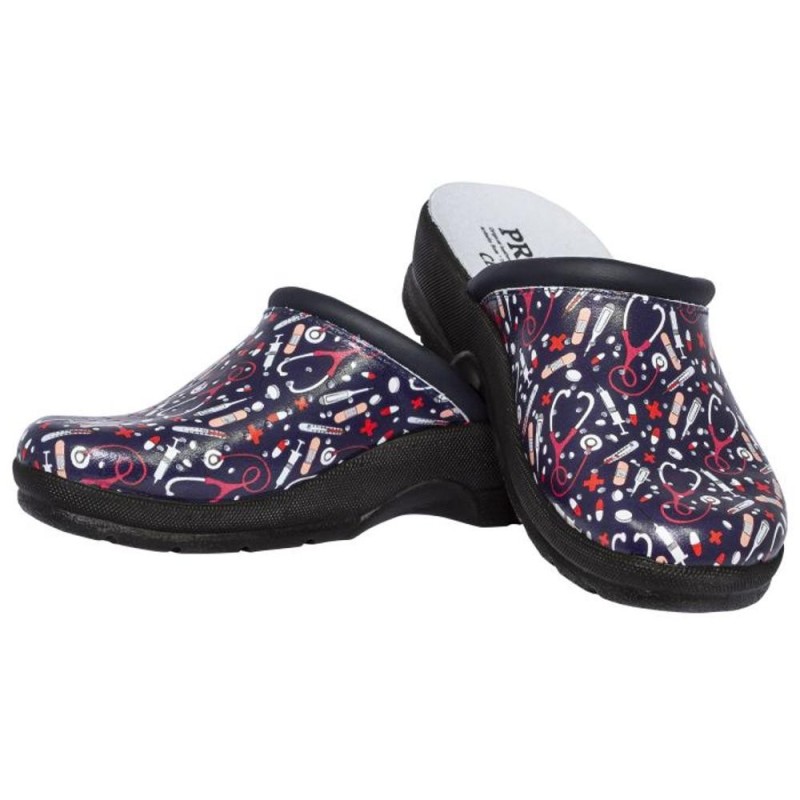 Saboti Medicali din Piele Naturala, Prima, Design Medical Albastru cu Stetoscop si Seringi, Marimea 37