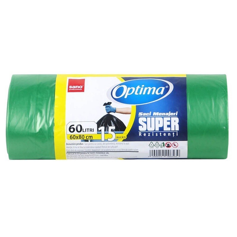 Saci Menajeri Sano Optima Super, Verde 15 Bucati / Rola, 60 l
