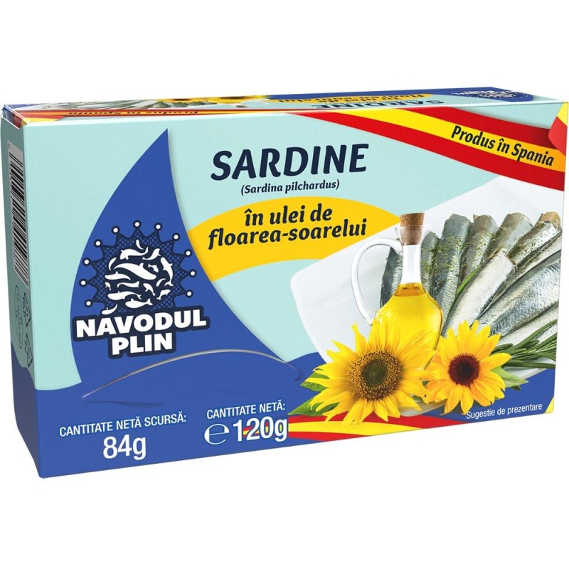 Sardine in Ulei Floarea Soarelui, Navodul Plin, 120 g