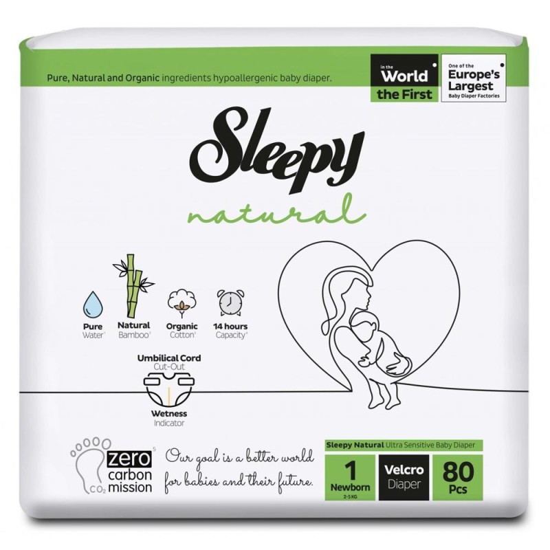 Scutece Bebelusi Sleepy Natural Double, Marimea 1 Newborn, 2-5 kg, 80 Bucati