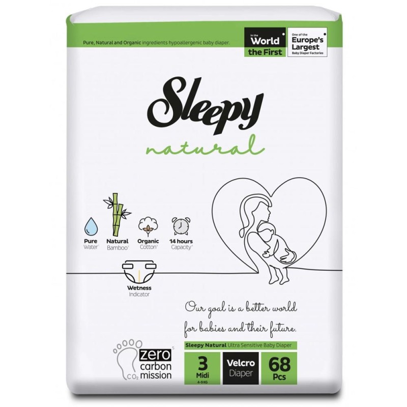 Scutece Bebelusi Sleepy Natural Double, Marimea 3 Midi, 4-9 kg, 68 Bucati