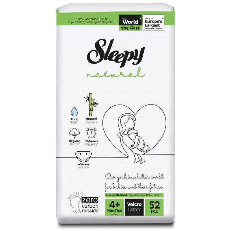 Scutece Bebelusi Sleepy Natural Ultra Sensitive Double, Marimea 4+ Maxi Plus, 9-16 kg, 52 Bucati