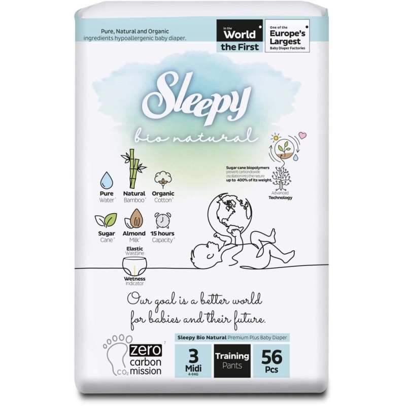 Scutece Chilotel pentru Bebelusi Sleepy Bio Natural Double, Nr.3 Midi, 4 - 9 kg, 56 Bucati