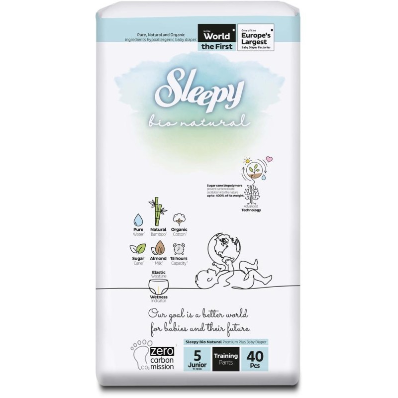 Scutece Chilotel pentru Bebelusi Sleepy Bio Natural Double, Nr.5 Junior, 11 - 18 kg, 40 Bucati