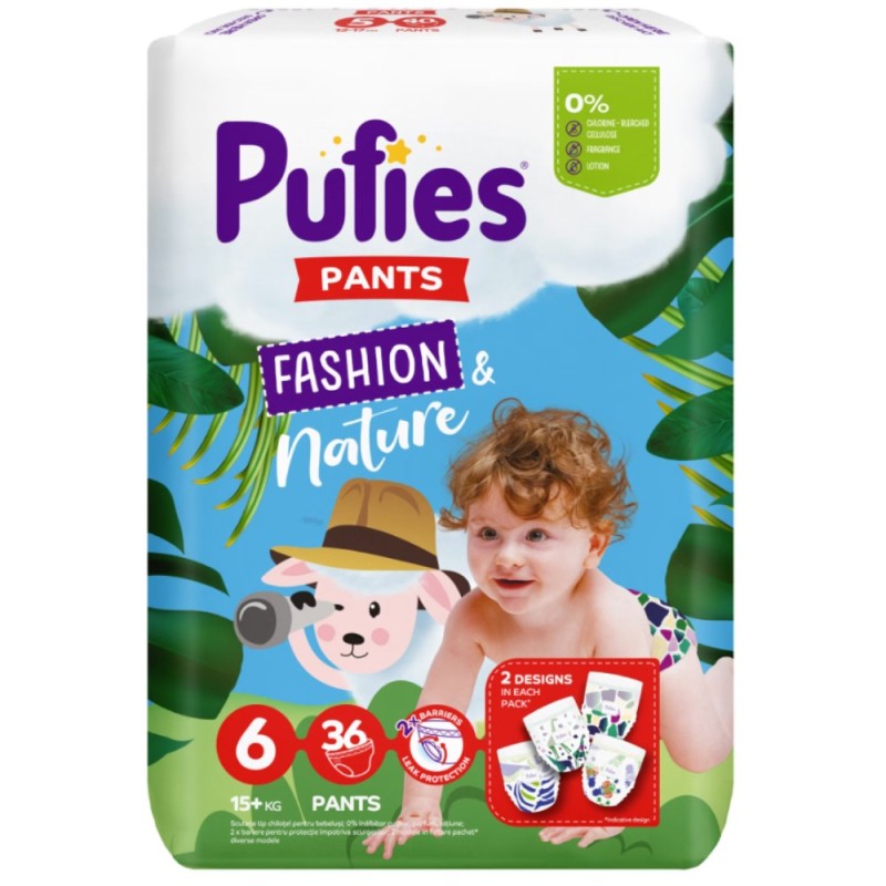 Scutece-Chilotel Pufies Pants Fashion and Nature Extra Large, Marimea 6, 15+ kg, 36 Bucati