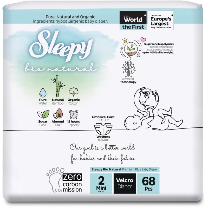 Scutece pentru Bebelusi Sleepy Bio Natural Double- Nr 2 Mini, 3-6 kg, 68 Bucati