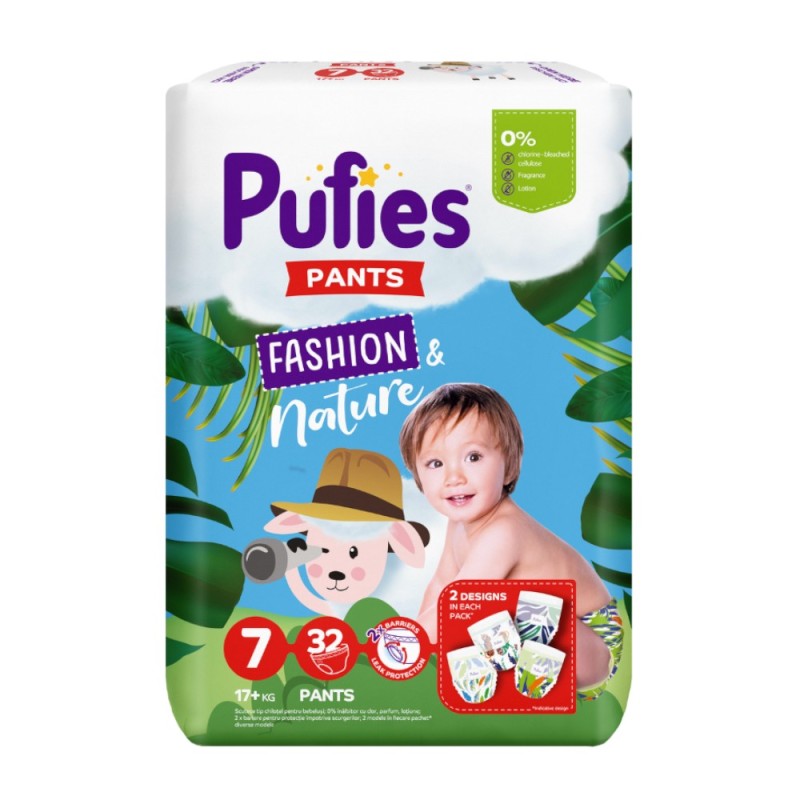 Scutece Pufies Pants Fashion & Nature, Nr. 7, Extra Large+, 17 kg+, 32 Bucati