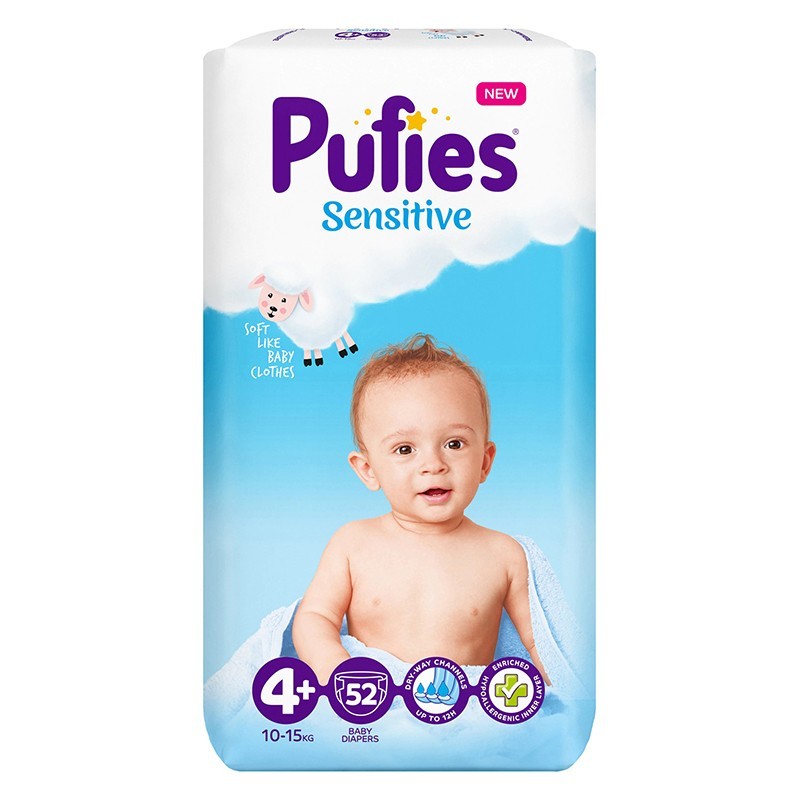 Scutece Pufies Sensitive, 4+ Maxi+, Maxi Pack, 10-15 Kg, 52 Buc