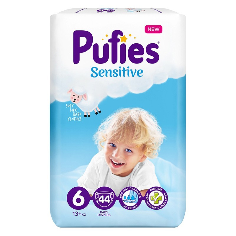 Scutece Pufies Sensitive, 6 Extra Large, Maxi Pack, 13+ Kg, 44 Buc