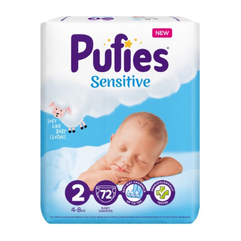 Scutece Pufies Sensitive, Maxi Pack, Marimea 2 Mini, 4-8 kg, 72 Bucati