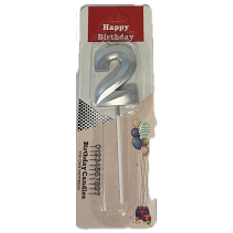 Set 10 x Lumanare Aniversara pentru Tort, Cifra 2, Argintiu