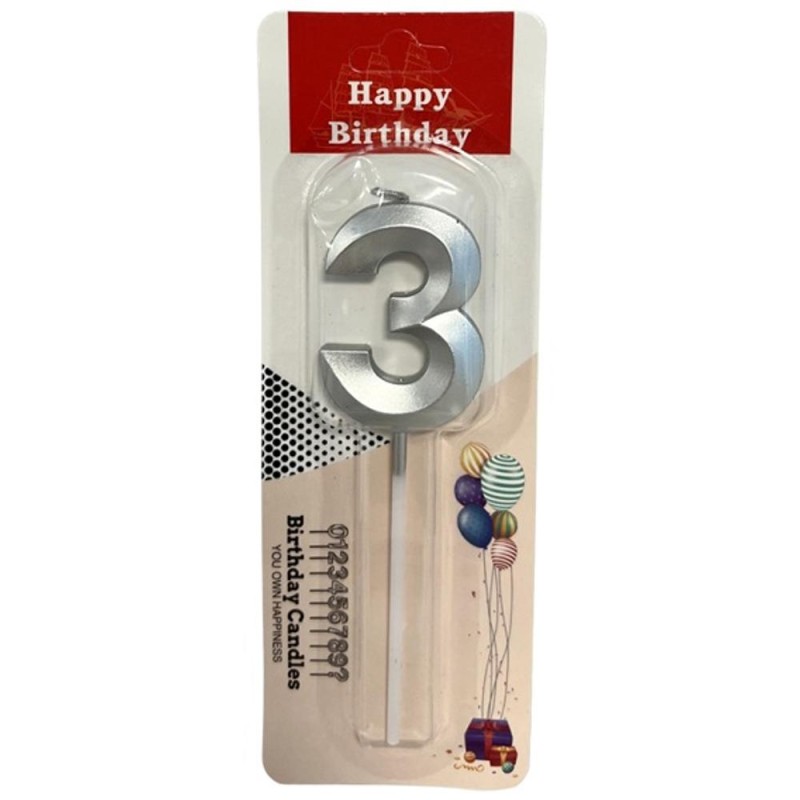 Set 10 x Lumanare Aniversara pentru Tort, Cifra 3, Argintiu