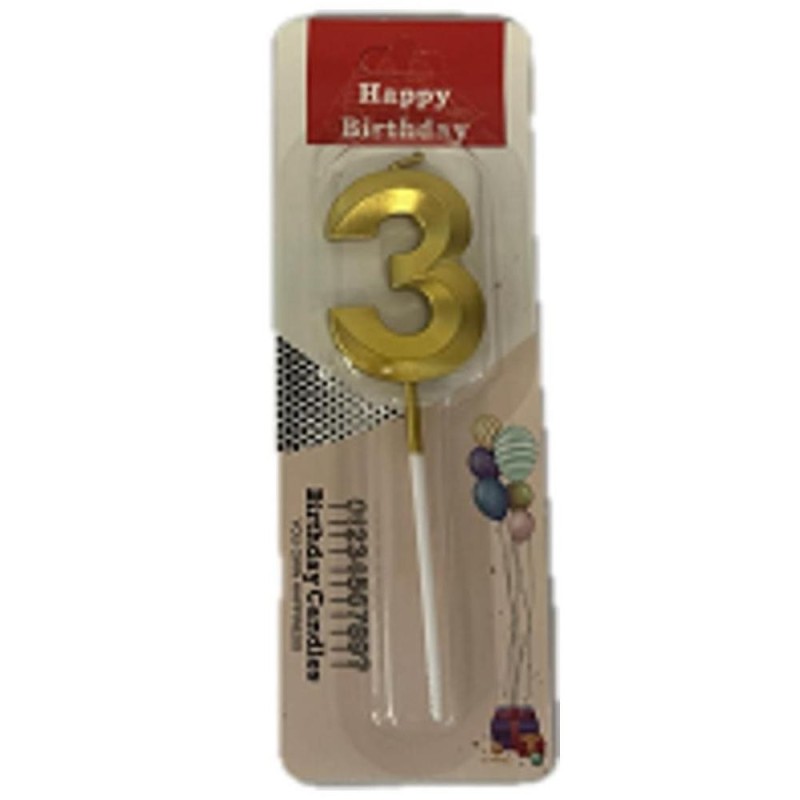 Set 10 x Lumanare Aniversara pentru Tort, Cifra 3, Auriu