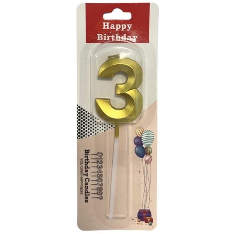 Set 10 x Lumanare Aniversara pentru Tort, Cifra 3, Auriu